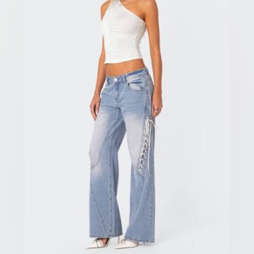 Edikted Light Blue Lace-Up Jeans